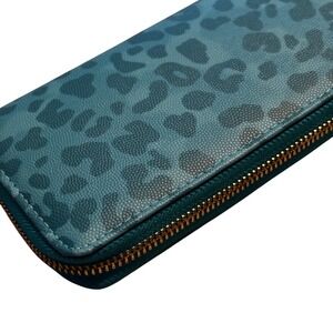 Teal Leopard Print Zip Around Wallet Textured Faux Leather Gold Hardware (B36)